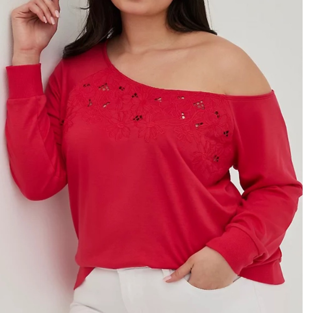 Torrid Pink Floral Off The Shoulder Embroidered Sweatshirt cutout long sleeve 2x